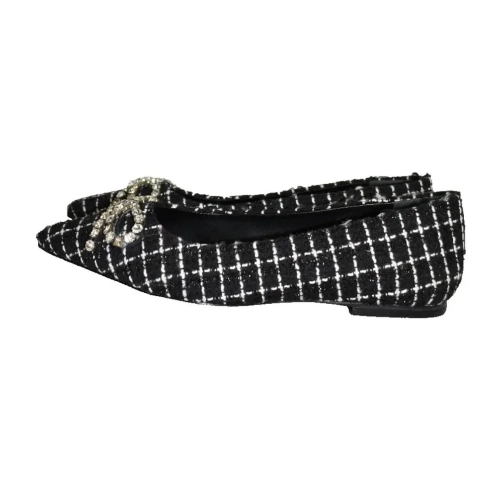 $330 LARROUDE lee ballet flats BOW CRYSTALS TWEED POINTY BLACK WHITE 7 US (TE10)